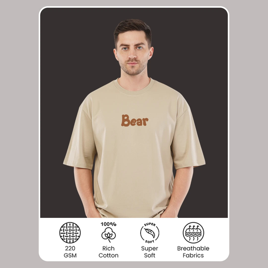 'Bear' Artistic Graphic Oversized Tee - 100% Rich Cotton | Dark Beige
