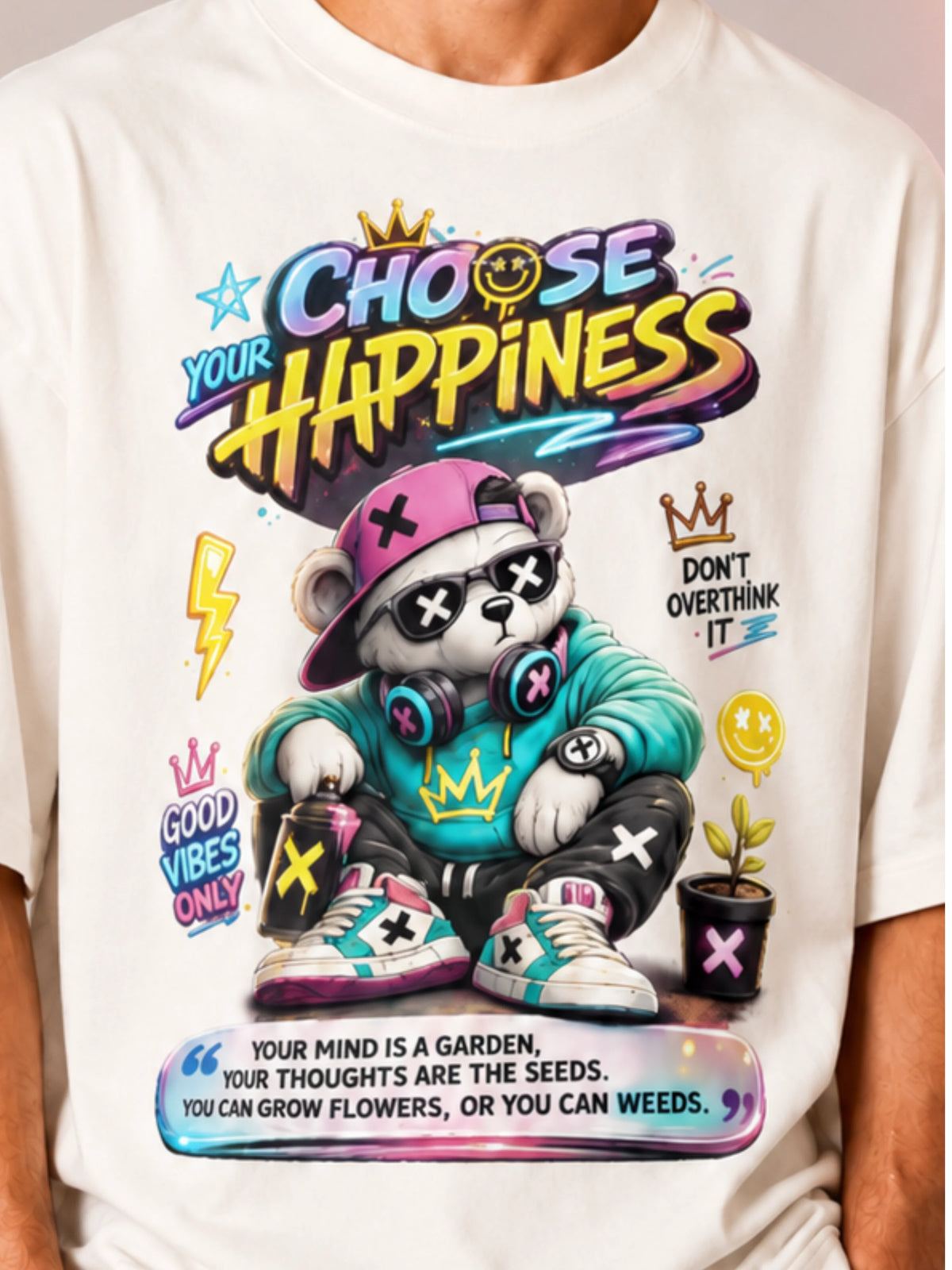 Excello Men's Oversized Graphic T-Shirt - "Choose Your Happiness" Print, 240 GSM Pure Cotton, Biowashed