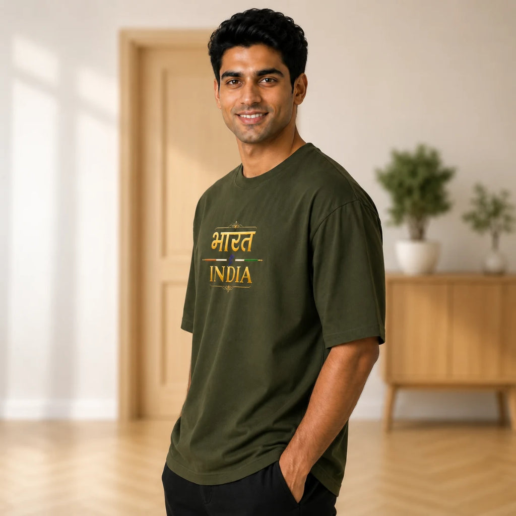 Men's "Bharat - India" Premium Oversized Graphic T-Shirt - 240 GSM Pure Cotton, Bio-Washed