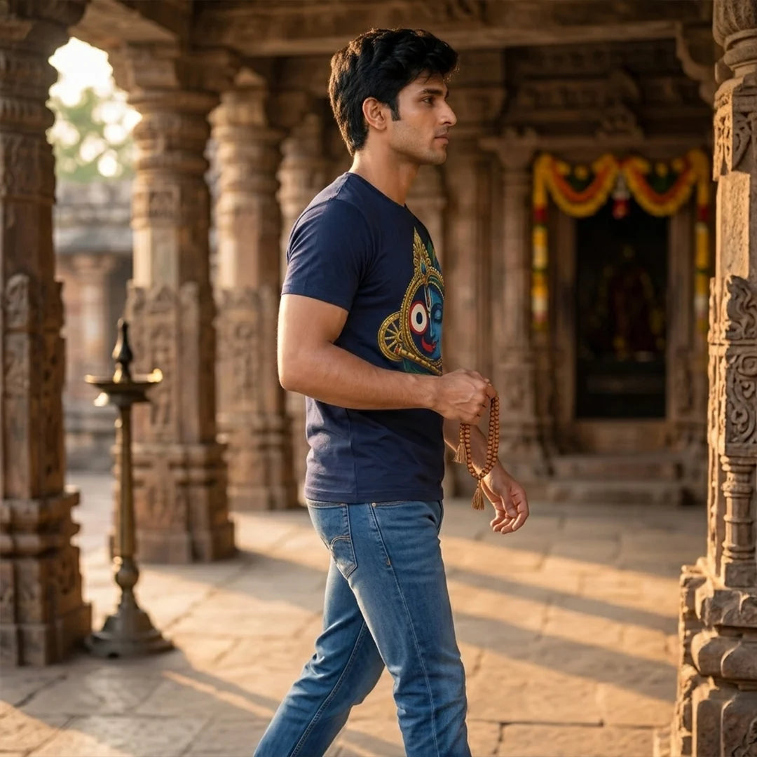 Men's Pure Cotton Lord Jagannath & Sri Krishna Fusion Graphic Printed T-Shirt