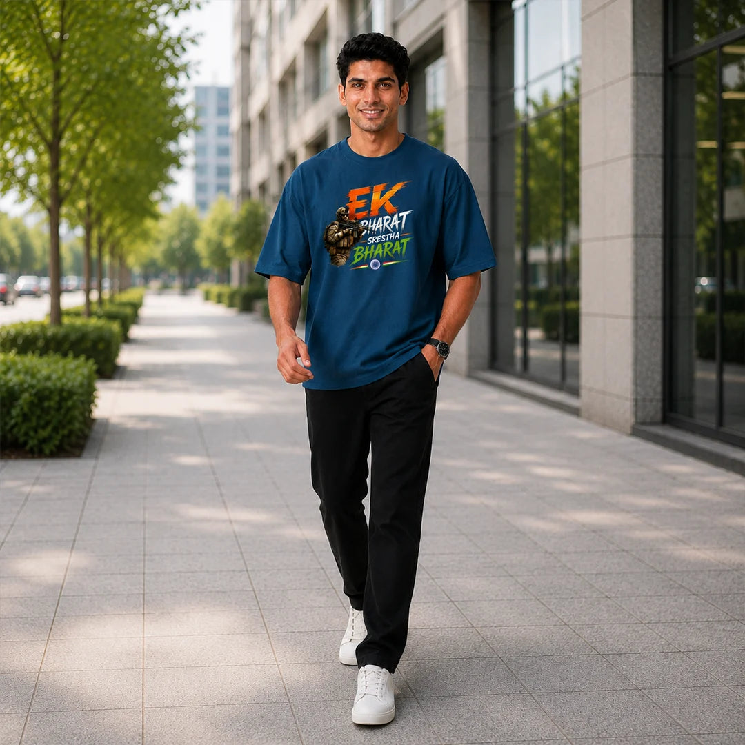 Men's "Ek Bharat Srestha Bharat" Oversized Graphic T-Shirt - 240 GSM Pure Cotton, Bio-Washed