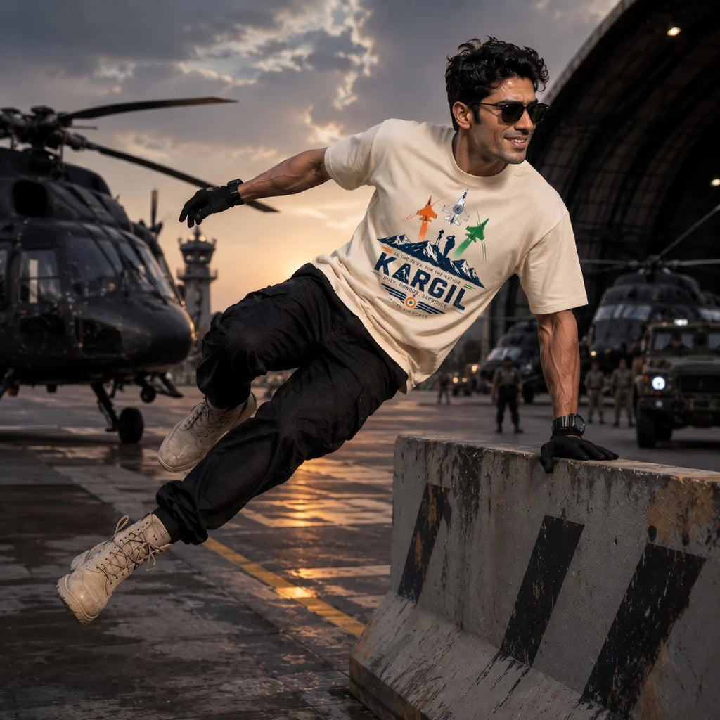 Men's Oversized Graphic T-Shirt - Kargil Indian Air Force Tribute, 240 GSM Pure Cotton, Bio-Washed
