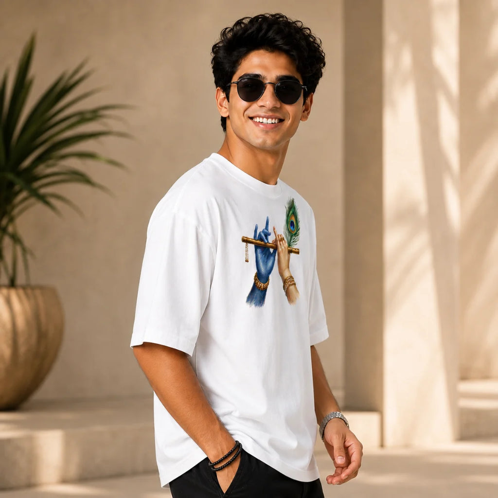 Excello Men's Divine Krishna Flute Graphic Oversized T-Shirt - 240 GSM Pure Cotton, Bio-Washed