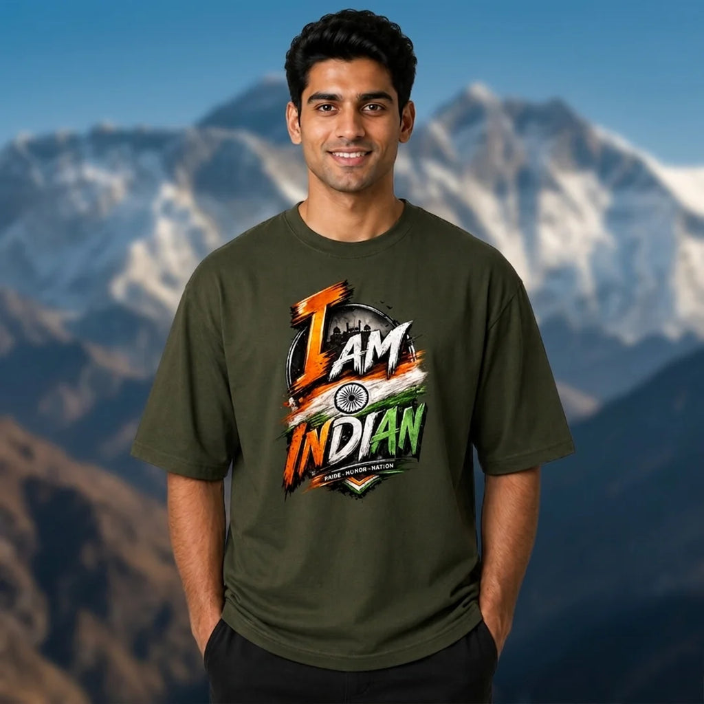 Men's "I Am Indian" Pride Oversized Graphic T-Shirt - 240 GSM Pure Cotton, Bio-Washed