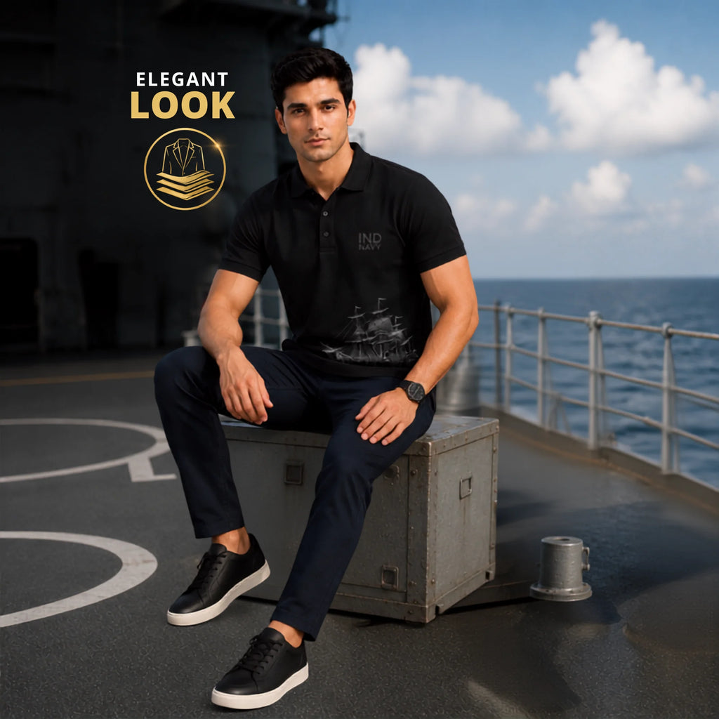 Excello Premium Indian Navy Tribute Polo T-Shirt | 210 GSM Nano Poly, Regular Fit
