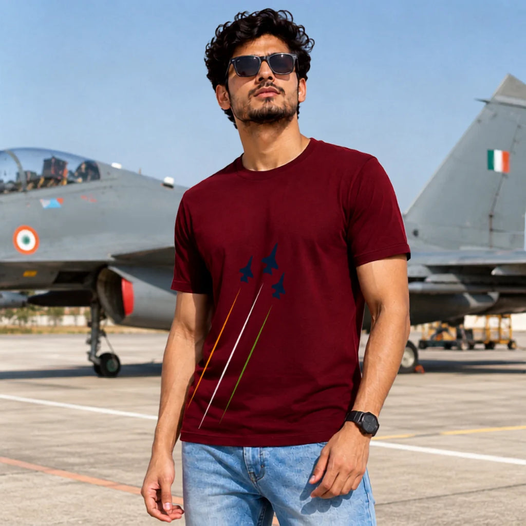 Premium Patriotic Fighter Jet Graphic T-Shirt | 180 GSM Pure Cotton, Bio-Washed Regular Fit