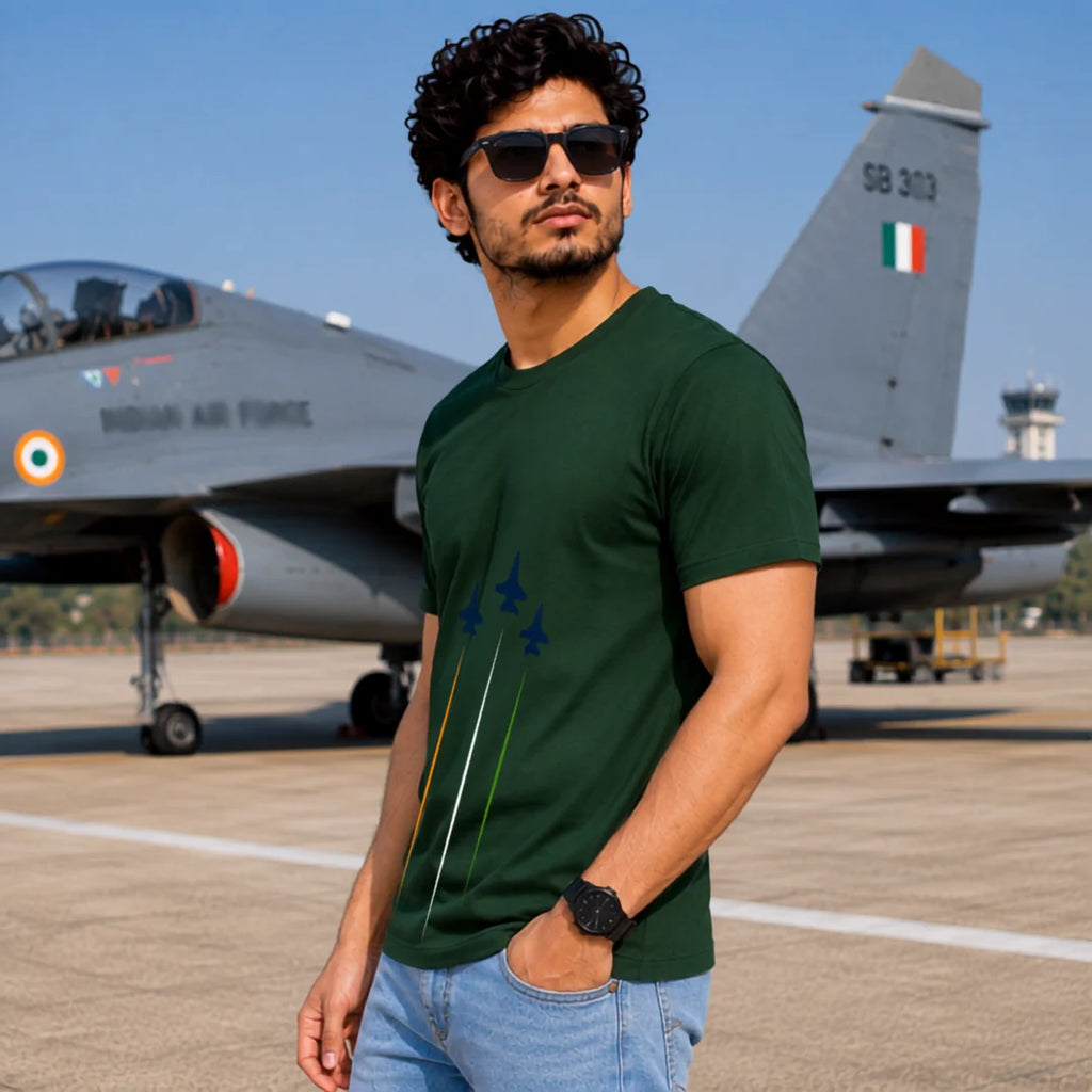 Premium Patriotic Fighter Jet Graphic T-Shirt | 180 GSM Pure Cotton, Bio-Washed Regular Fit