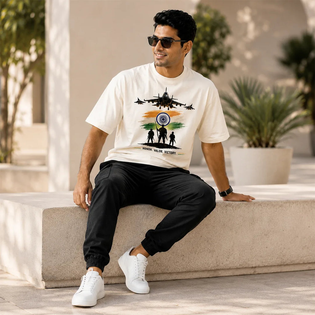 Men's Oversized Graphic T-Shirt - "Guardians of the Skies" IAF Tribute, 240 GSM Pure Cotton