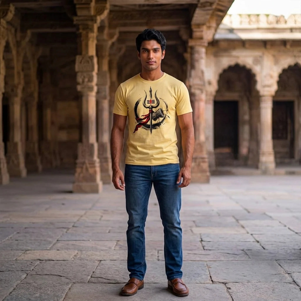Men's Pure Cotton Regular Fit Mahadev Trishul Damru Graphic T-Shirt | 180 GSM Bio-Washed Spiritual Casual Tee