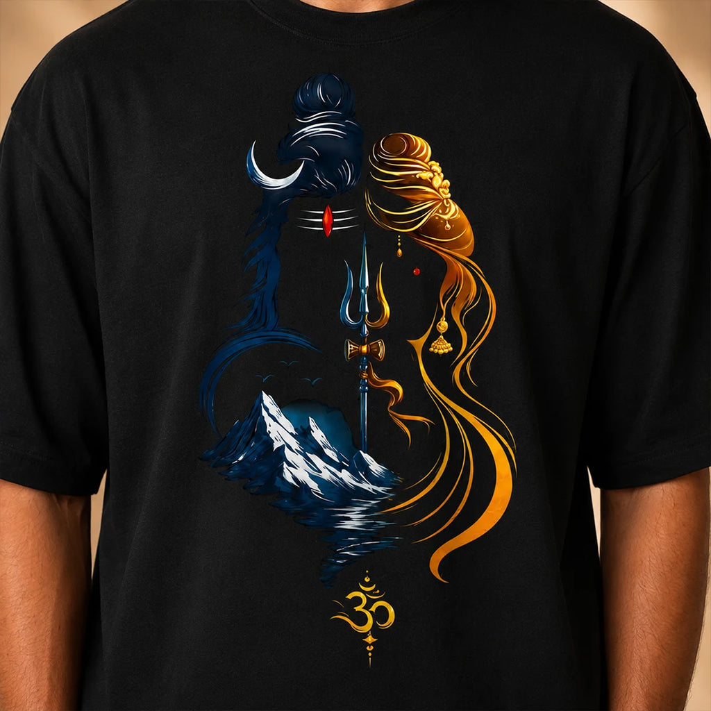 Men's Divine Ardhanareshvara Oversized Graphic T-Shirt - 240 GSM Pure Cotton, Bio-Washed