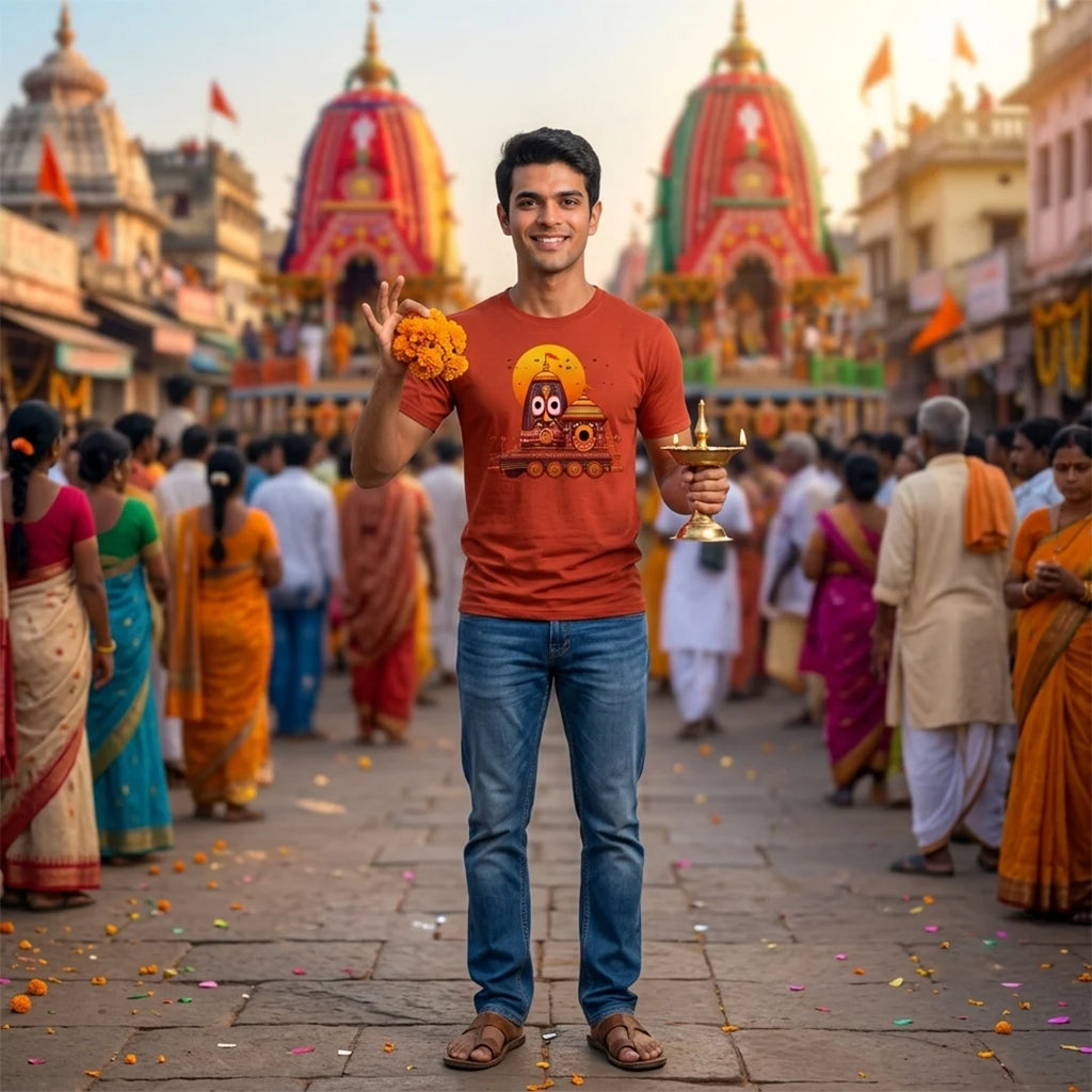 Premium Men's Pure Cotton Lord Jagannath Face & Rath Yatra Chariot Graphic T-Shirt