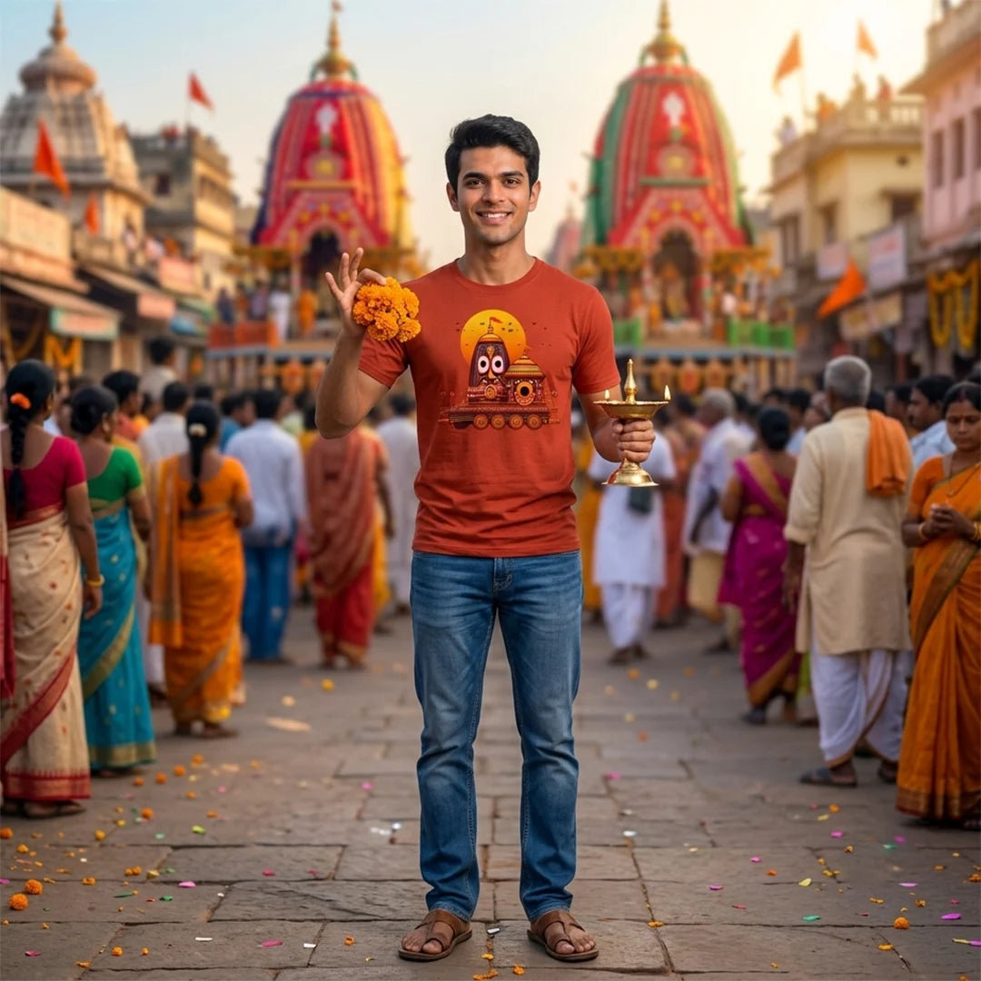 Premium Men's Pure Cotton Lord Jagannath Face & Rath Yatra Chariot Graphic T-Shirt