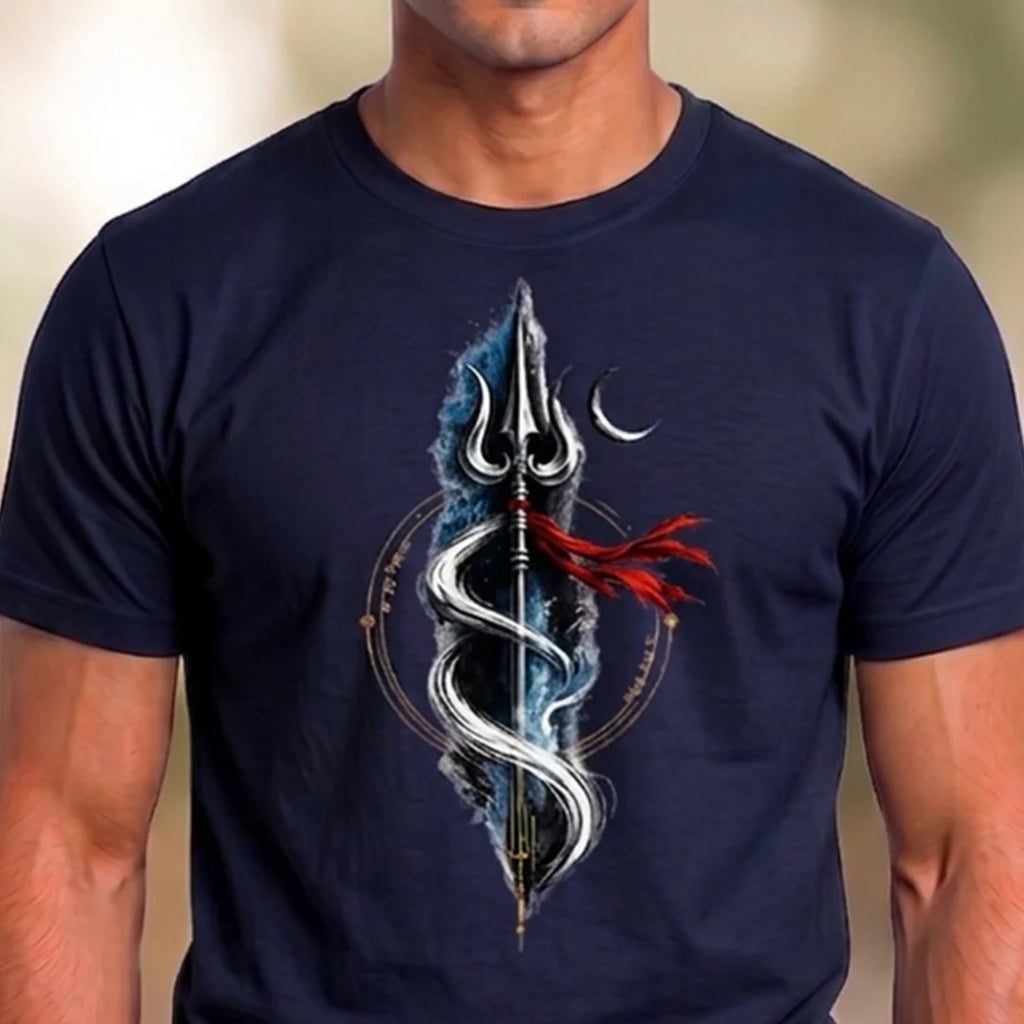 Men's Pure Cotton Regular Fit Mahadev Trishul Crescent Moon Printed T-Shirt | 180 GSM Bio-Washed Spiritual Graphic Tee