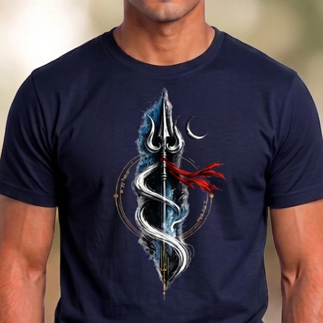 Men's Pure Cotton Regular Fit Mahadev Trishul Crescent Moon Printed T-Shirt | 180 GSM Bio-Washed Spiritual Graphic Tee