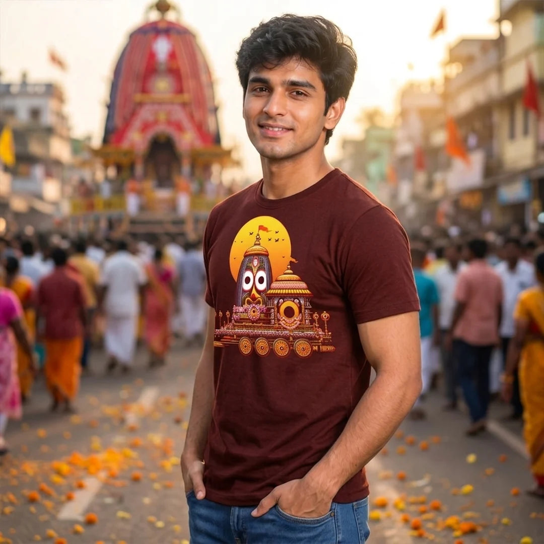 Premium Men's Pure Cotton Lord Jagannath Face & Rath Yatra Chariot Graphic T-Shirt