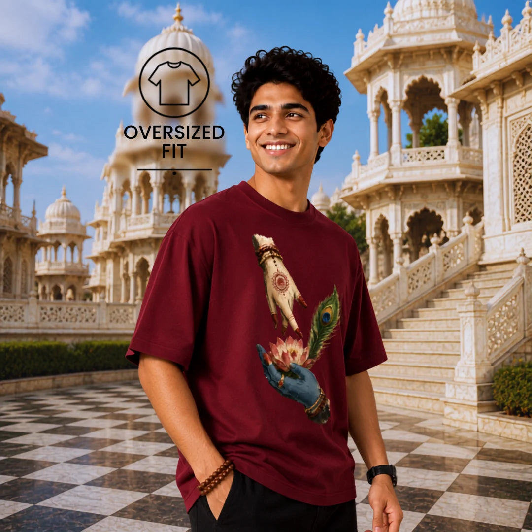 Excello Men's Divine Radha Krishna Lotus Graphic Oversized T-Shirt - 240 GSM Pure Cotton, Bio-Washed
