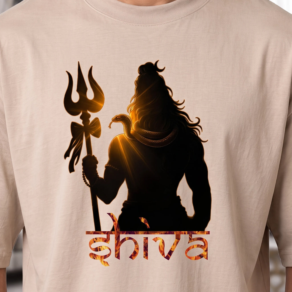 Lord Shiva Trishul Graphic Printed Oversized T-Shirt | Premium 240 GSM Pure Cotton Breathable Devotional Tee