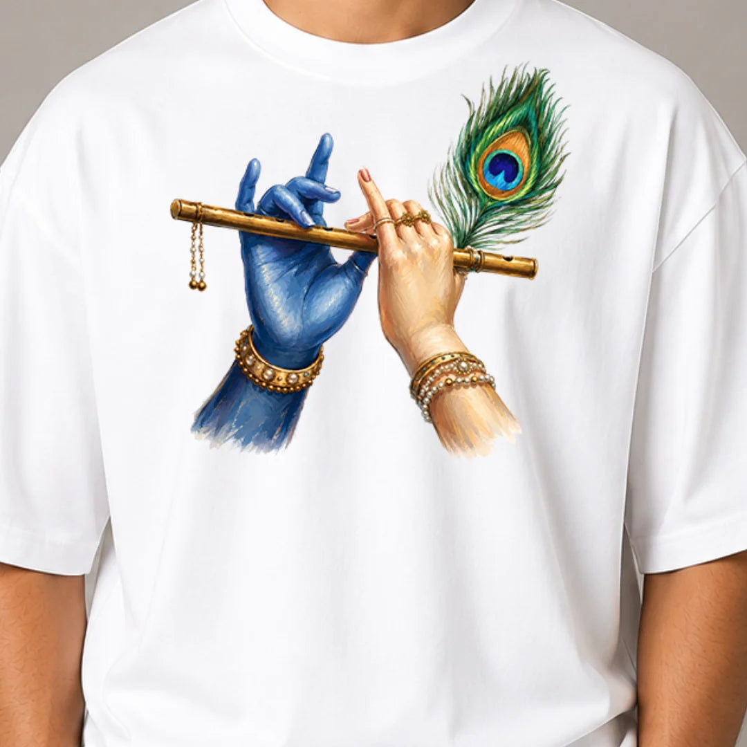 Excello Men's Divine Krishna Flute Graphic Oversized T-Shirt - 240 GSM Pure Cotton, Bio-Washed