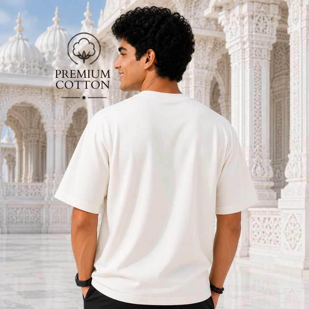 Excello Men's Divine Radha Krishna Lotus Graphic Oversized T-Shirt - 240 GSM Pure Cotton, Bio-Washed