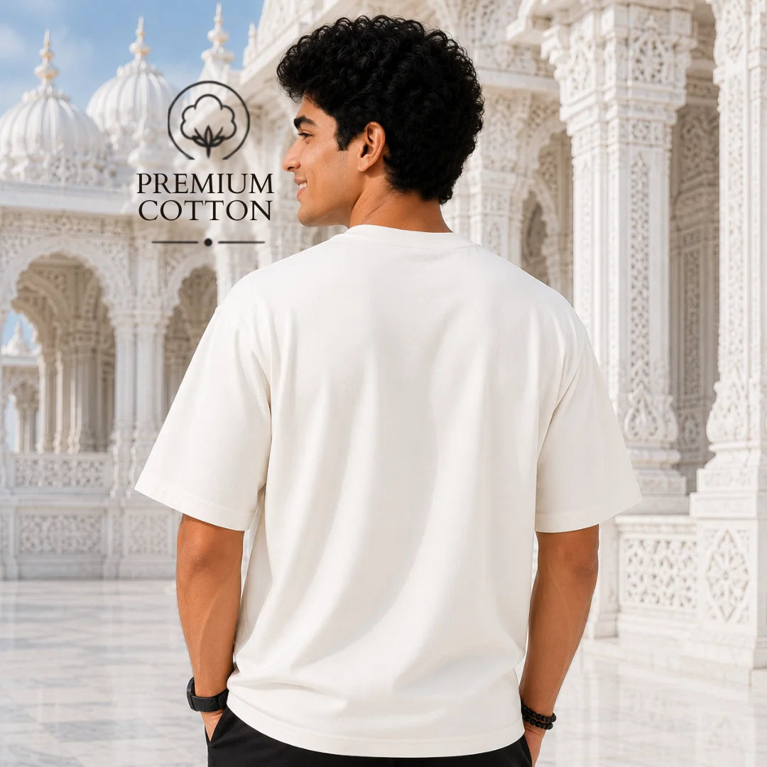 Excello Men's Divine Radha Krishna Lotus Graphic Oversized T-Shirt - 240 GSM Pure Cotton, Bio-Washed