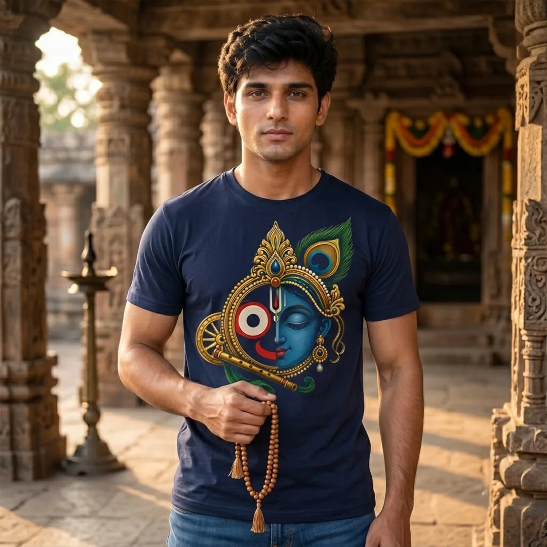 Men's Pure Cotton Lord Jagannath & Sri Krishna Fusion Graphic Printed T-Shirt