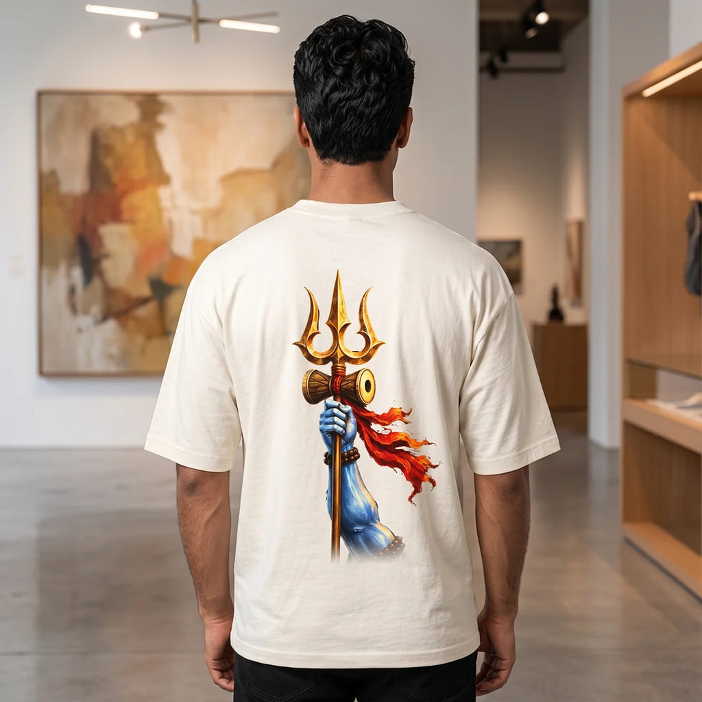 Men's Pure Cotton Oversized Printed T-Shirt | Lord Shiva Mahadev Trishul Graphic Print Drop Shoulder Loose Fit Crew Neck Tee
