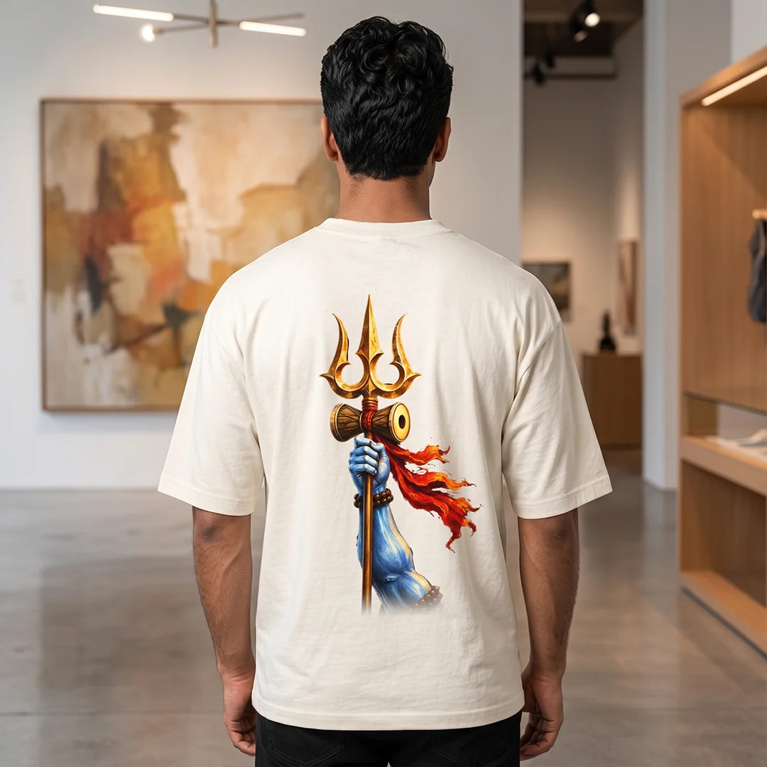 Men's Pure Cotton Oversized Printed T-Shirt | Lord Shiva Mahadev Trishul Graphic Print Drop Shoulder Loose Fit Crew Neck Tee