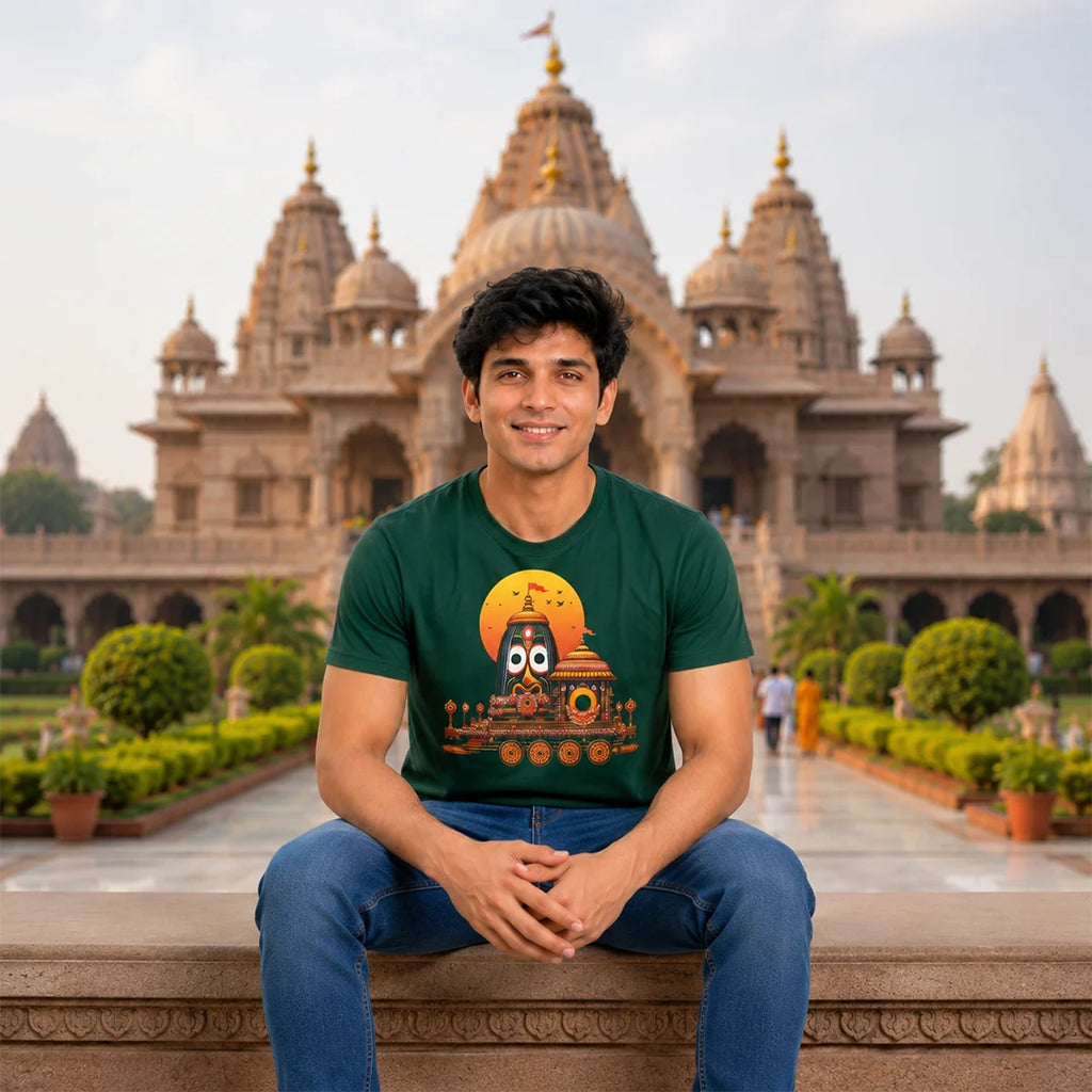 Premium Men's Pure Cotton Lord Jagannath Face & Rath Yatra Chariot Graphic T-Shirt