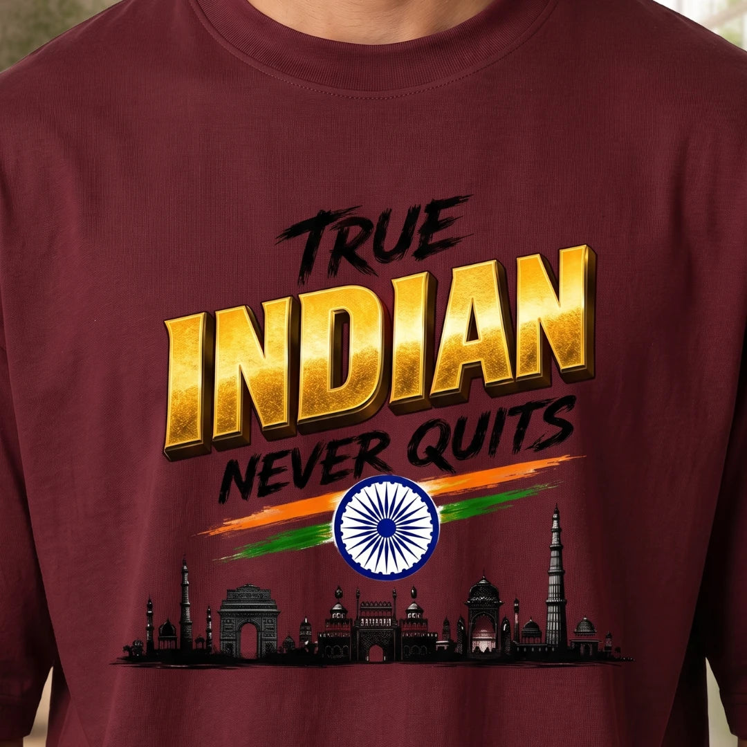Men's "True Indian Never Quits" Oversized Graphic T-Shirt - 240 GSM Pure Cotton, Bio-Washed