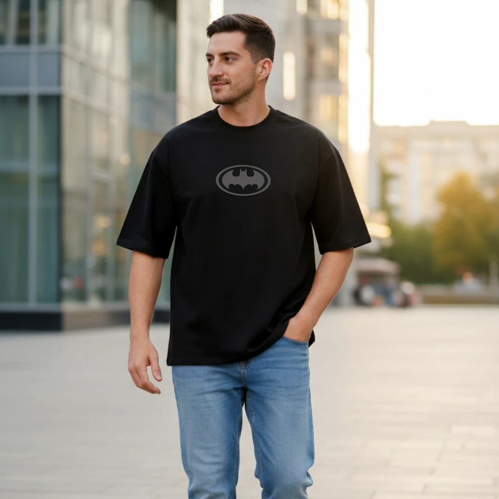 Men's Black Oversized Batman Graphic T-Shirt - 240 GSM Pure Cotton Biowashed Streetwear