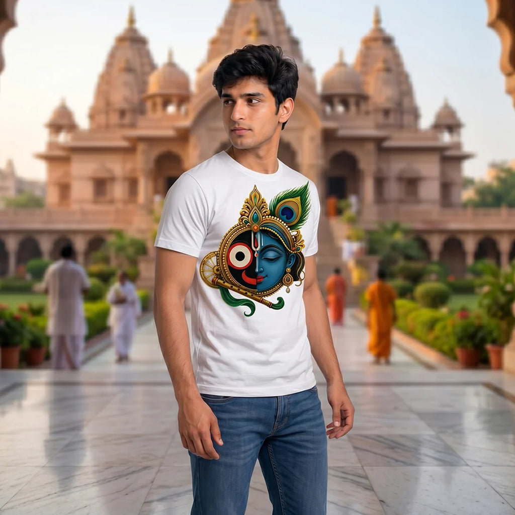 Men's Pure Cotton Lord Jagannath & Sri Krishna Fusion Graphic Printed T-Shirt