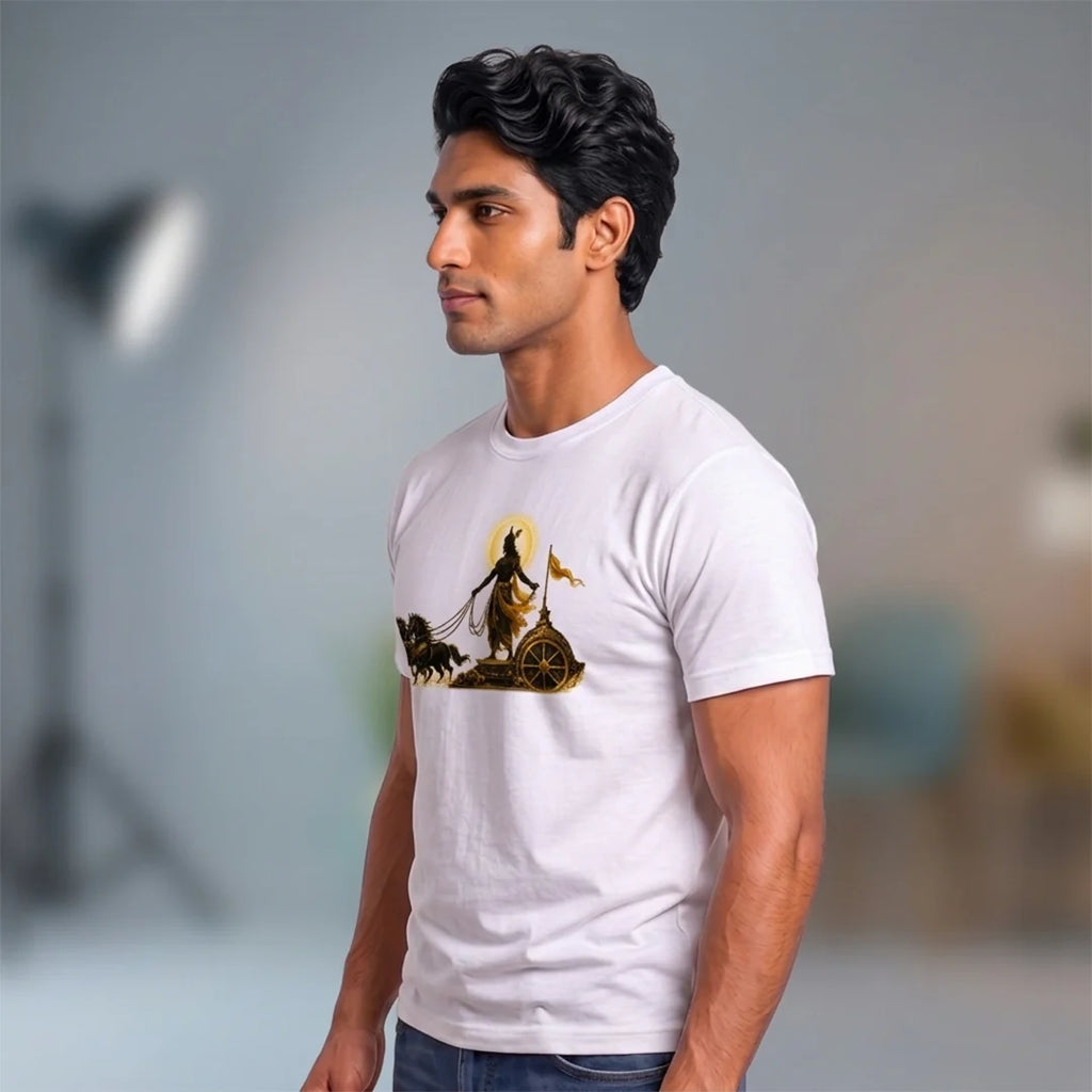Men's Pure Cotton Regular Fit Lord Krishna Chariot Printed T-Shirt | 180 GSM Bio-Washed Bhagavad Gita Graphic Tee