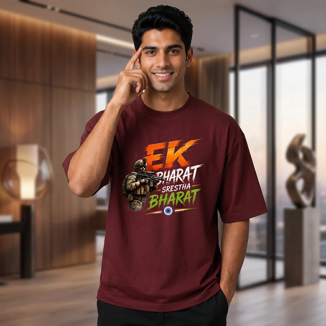 Men's "Ek Bharat Srestha Bharat" Oversized Graphic T-Shirt - 240 GSM Pure Cotton, Bio-Washed