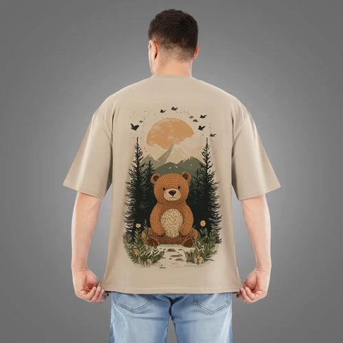 'Bear' Artistic Graphic Oversized Tee - 100% Rich Cotton | Dark Beige