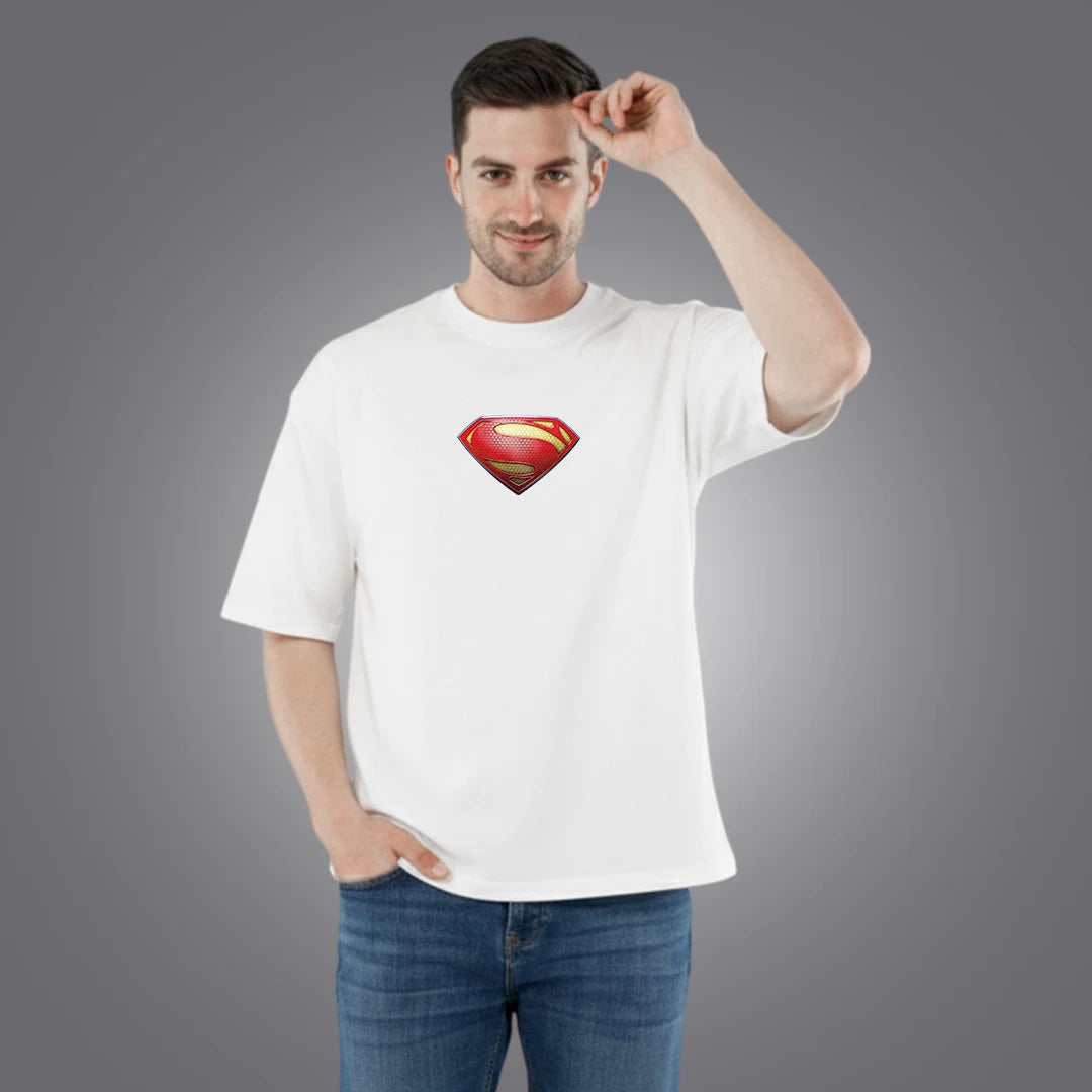Superman Men’s Off  White Oversized T-Shirt – 100% Cotton, 220 GSM Heavyweight Streetwear Tee with Front Logo & Back Graphic