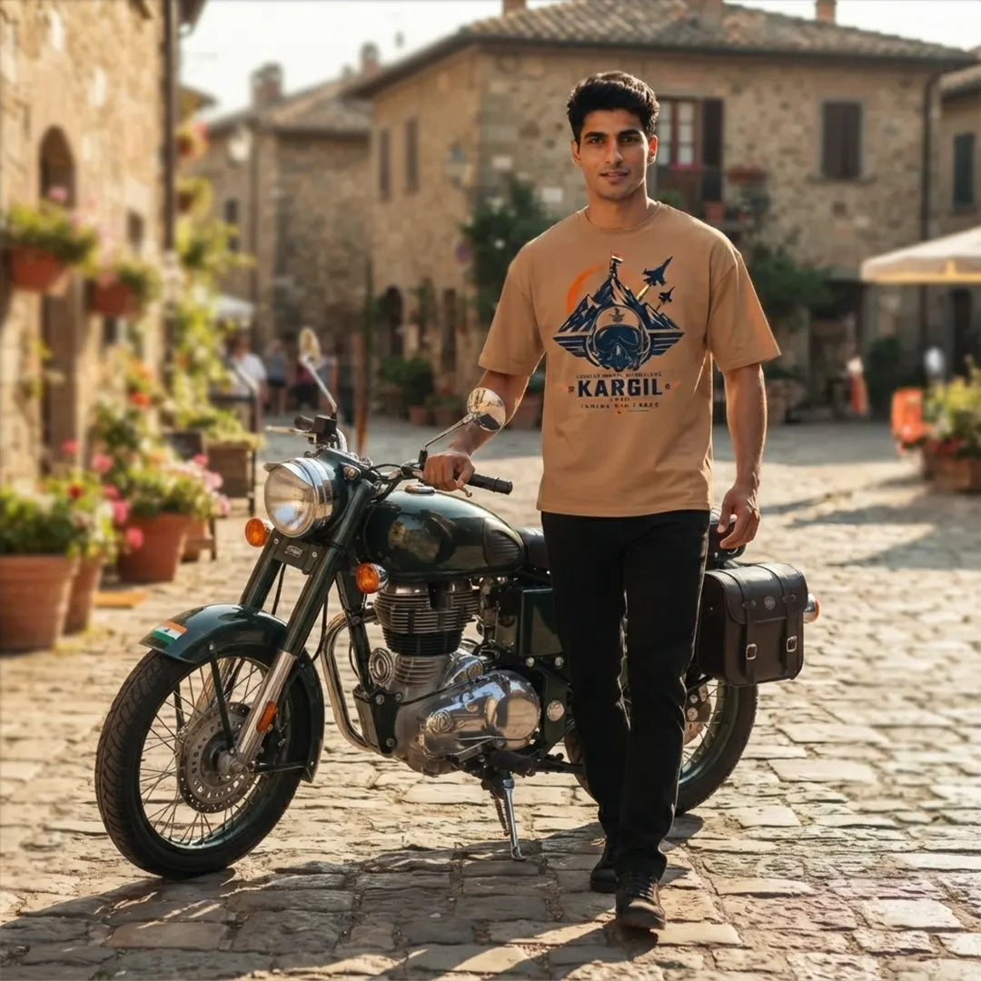 Men's Oversized Graphic T-Shirt - Kargil 1999 Indian Air Force Tribute, 240 GSM Pure Cotton, Bio-Washed