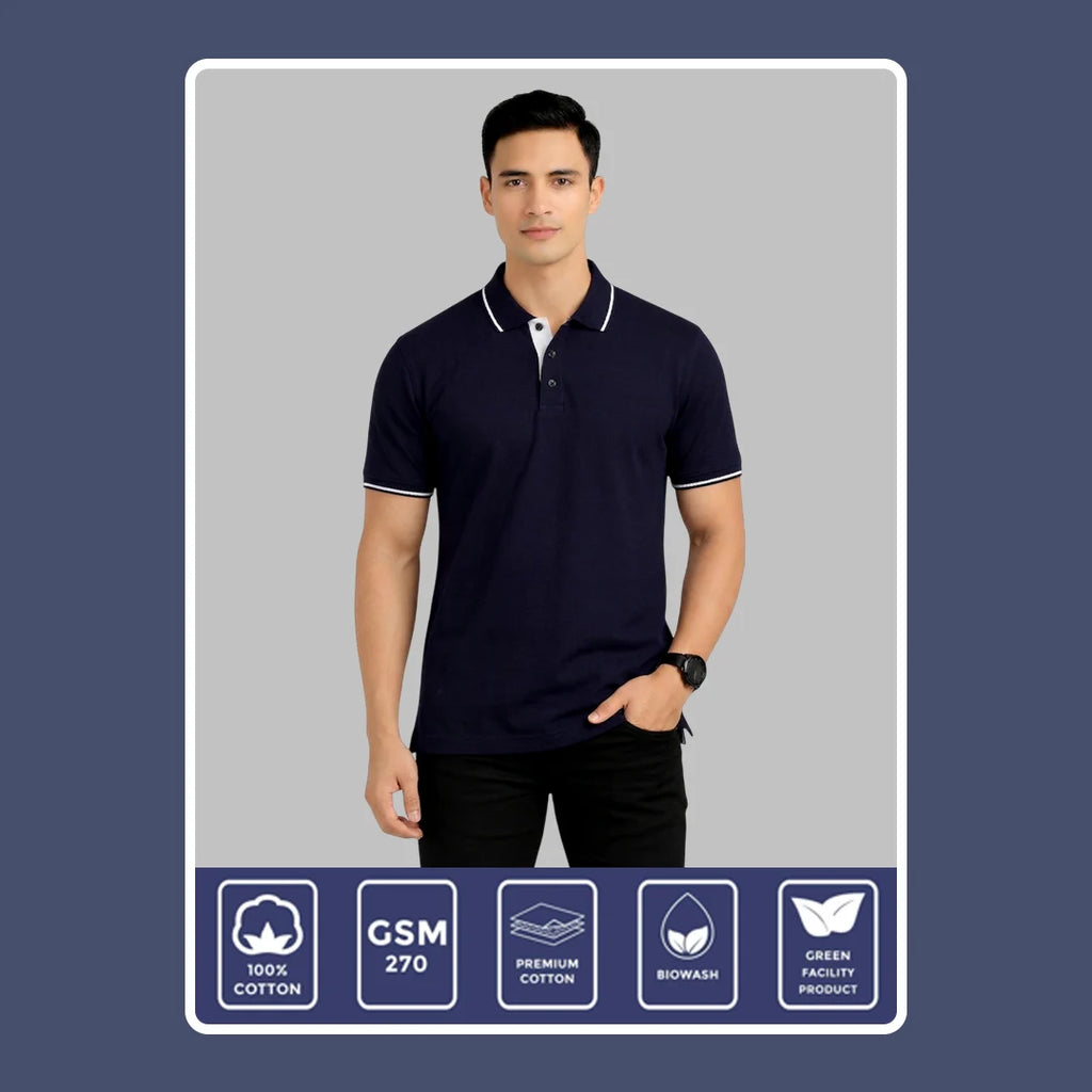 Men’s Premium Polo T-Shirt with Contrast Tipping | 270 GSM | Regular Fit Cotton Pique | Smart Casual & Office Wear