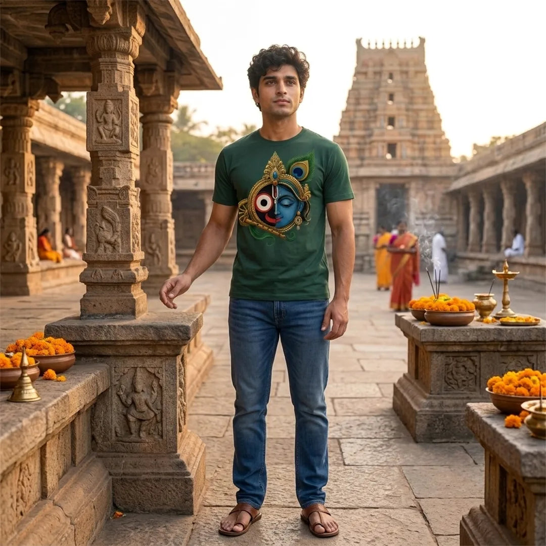 Men's Pure Cotton Lord Jagannath & Sri Krishna Fusion Graphic Printed T-Shirt