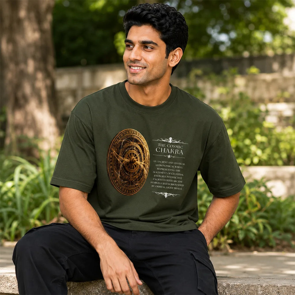 Men's Oversized Graphic T-Shirt - The Cosmic Chakra Mystical Print, 240 GSM Pure Cotton, Bio-Washed