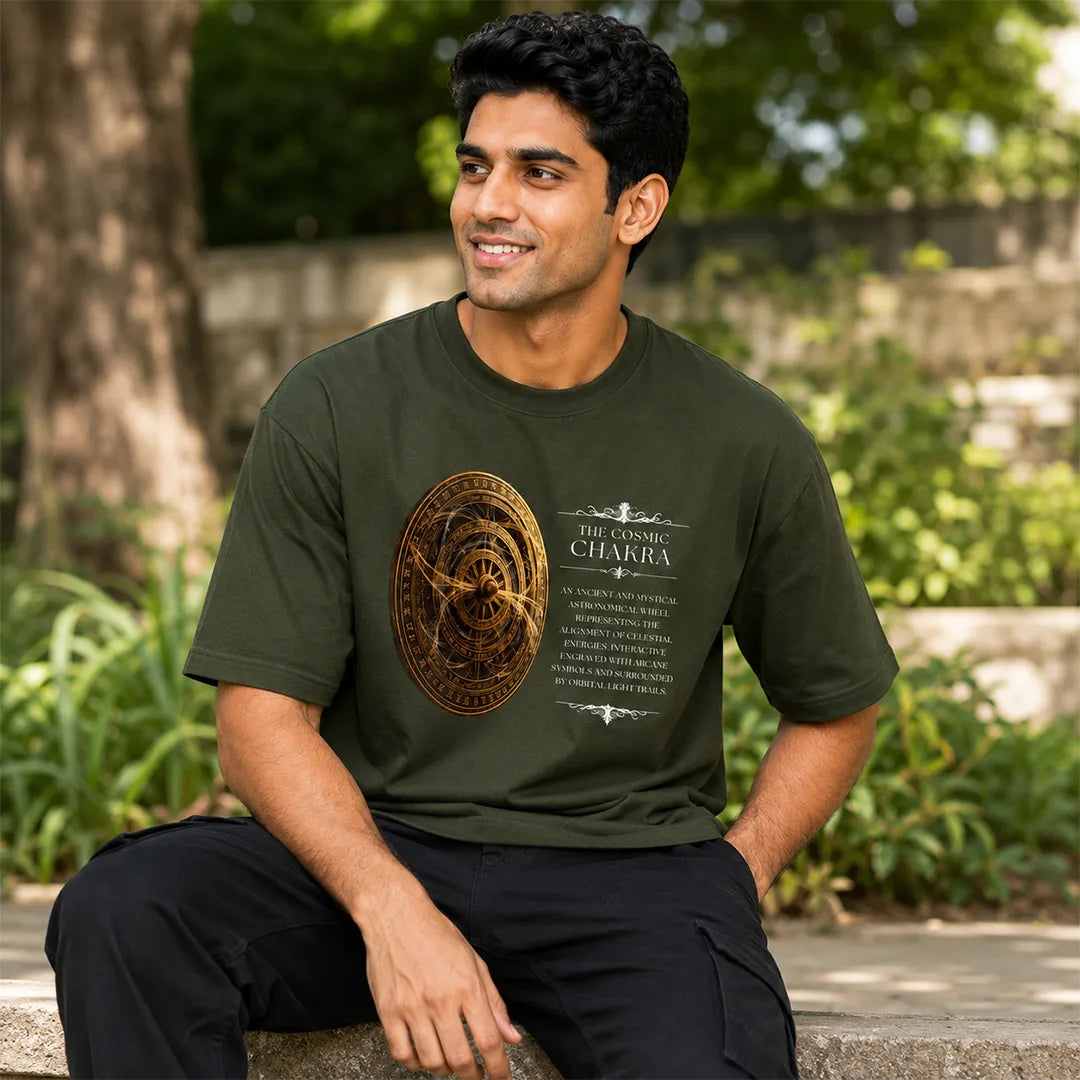Men's Oversized Graphic T-Shirt - The Cosmic Chakra Mystical Print, 240 GSM Pure Cotton, Bio-Washed