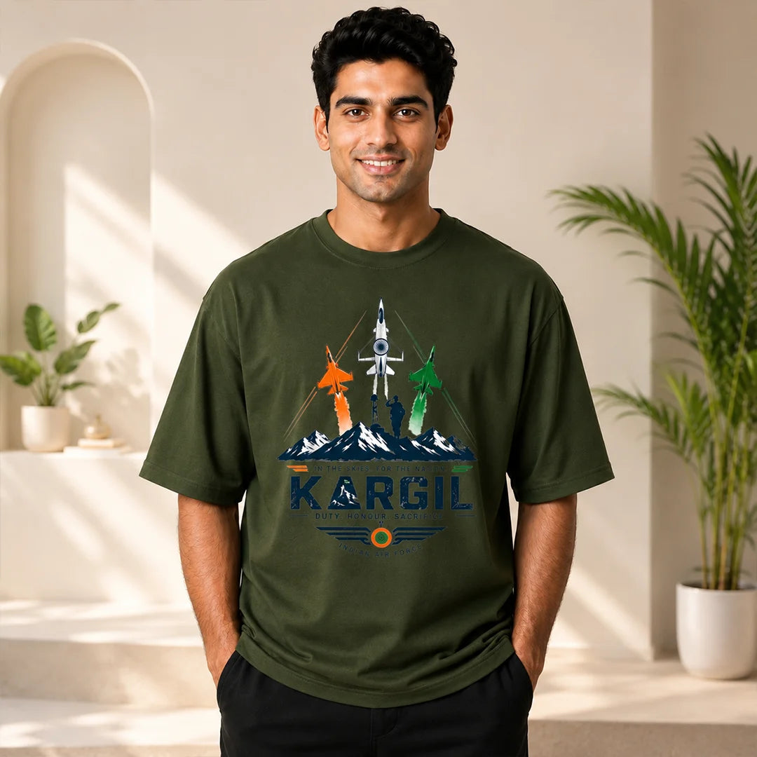 Men's Oversized Graphic T-Shirt - Kargil Indian Air Force Tribute, 240 GSM Pure Cotton, Bio-Washed
