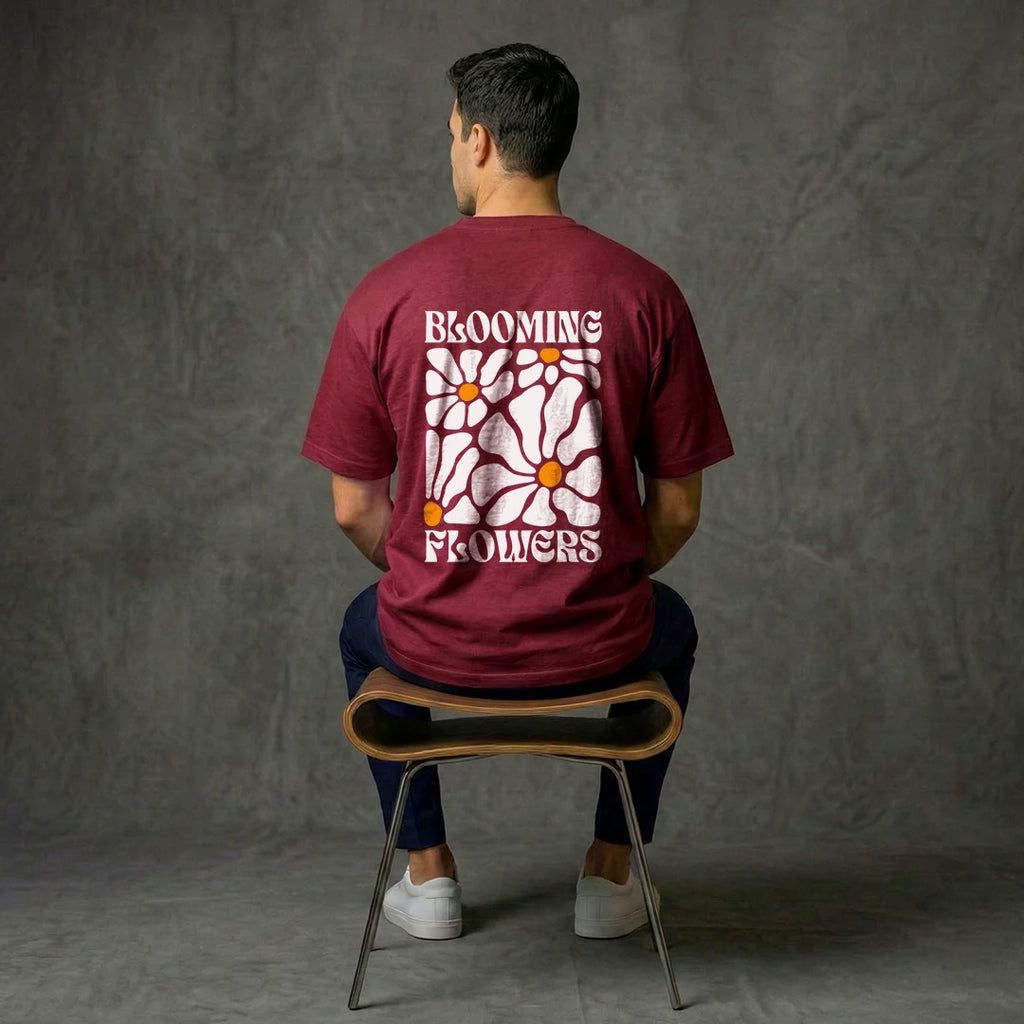 Retro "Blooming Flowers" Graphic Oversized T-Shirt – Premium Wine Colour