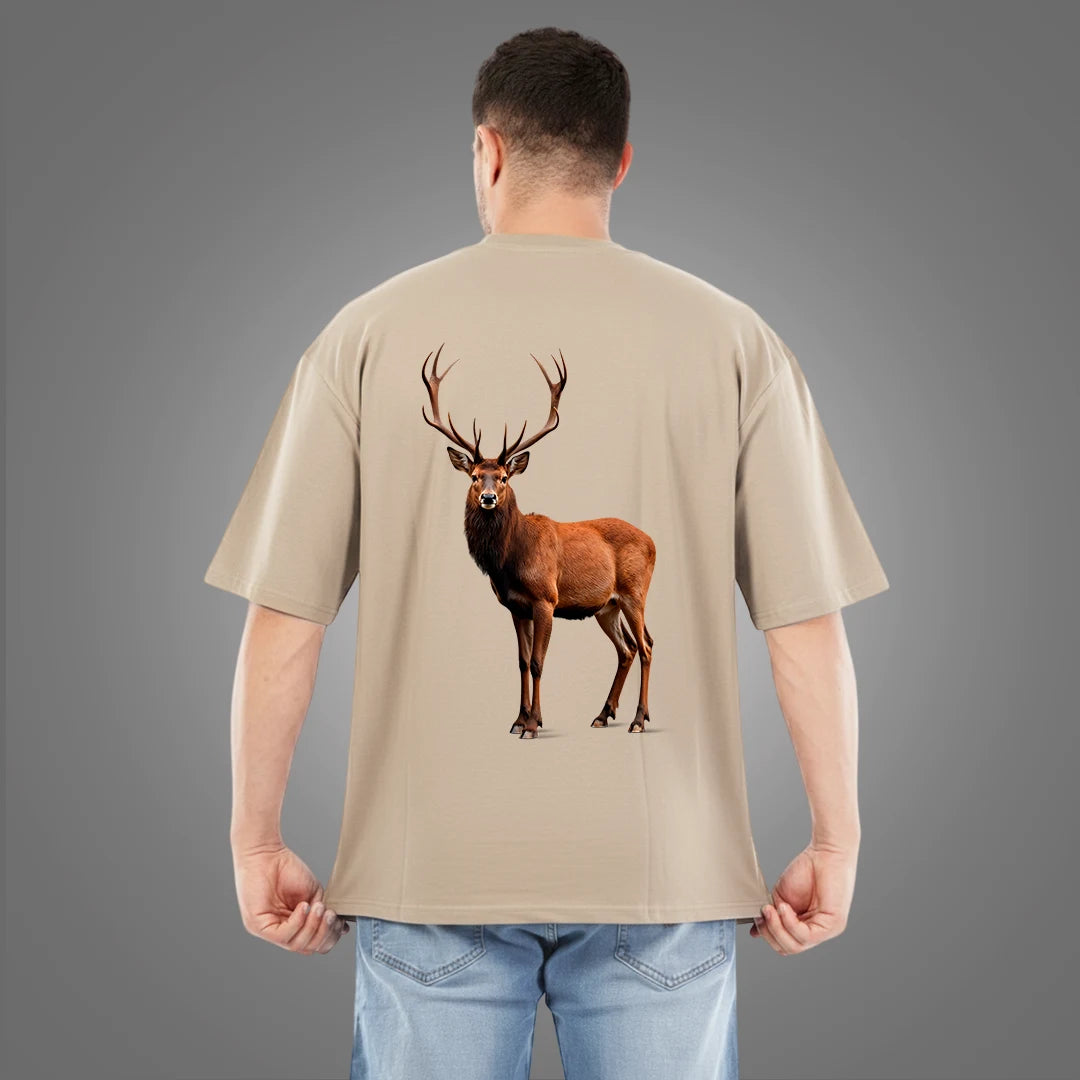 Men's Premium Cement Grey Oversized T-Shirt | 100% Rich Cotton | Wildlife Deer Graphic Print Streetwear Tee