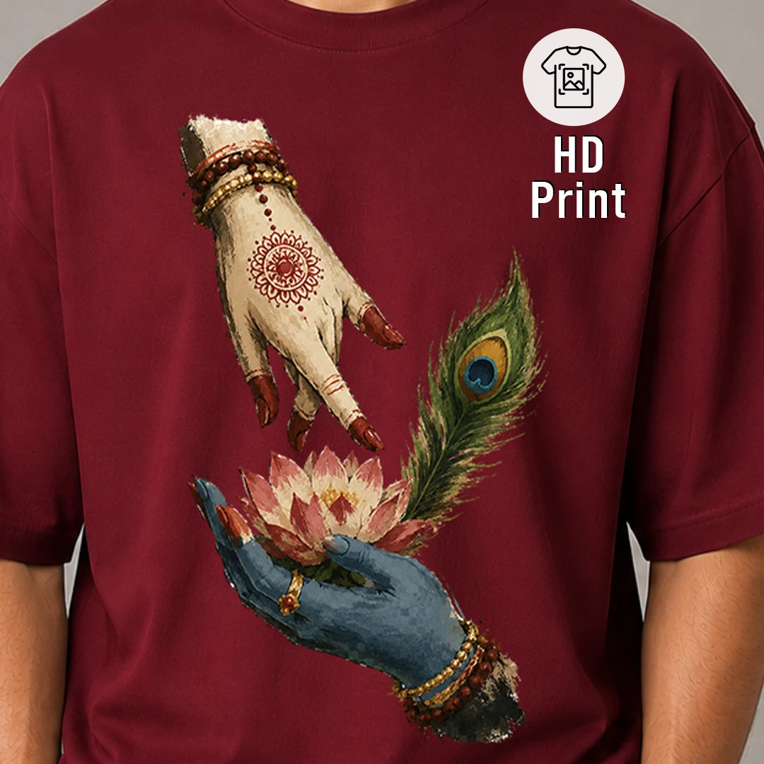 Excello Men's Divine Radha Krishna Lotus Graphic Oversized T-Shirt - 240 GSM Pure Cotton, Bio-Washed
