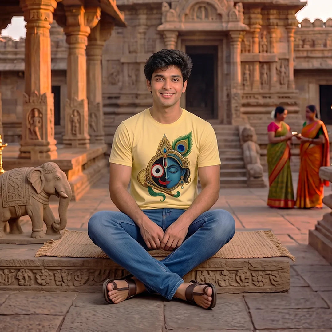 Men's Pure Cotton Lord Jagannath & Sri Krishna Fusion Graphic Printed T-Shirt