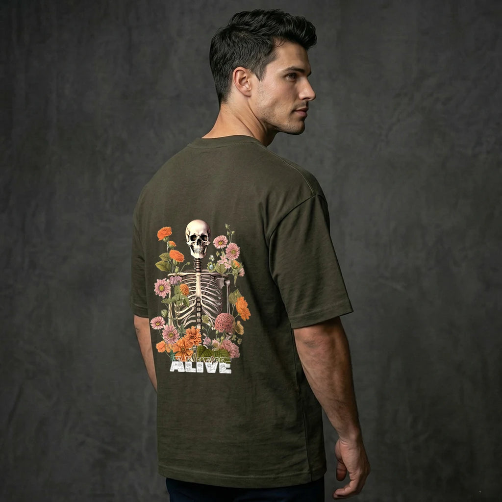 "Alive" Memento Mori Floral Skull Oversized T-Shirt – Olive Green
