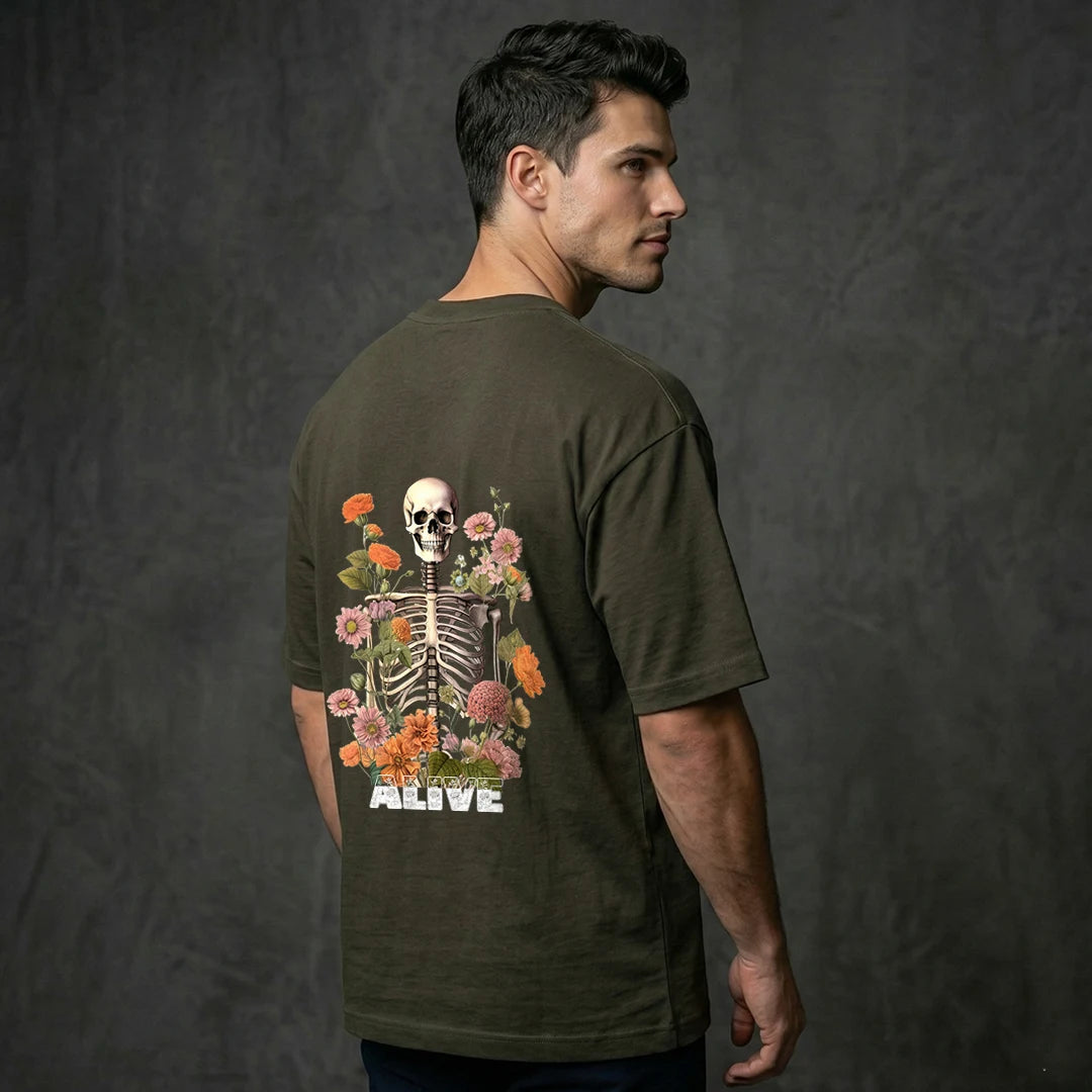 "Alive" Memento Mori Floral Skull Oversized T-Shirt – Olive Green