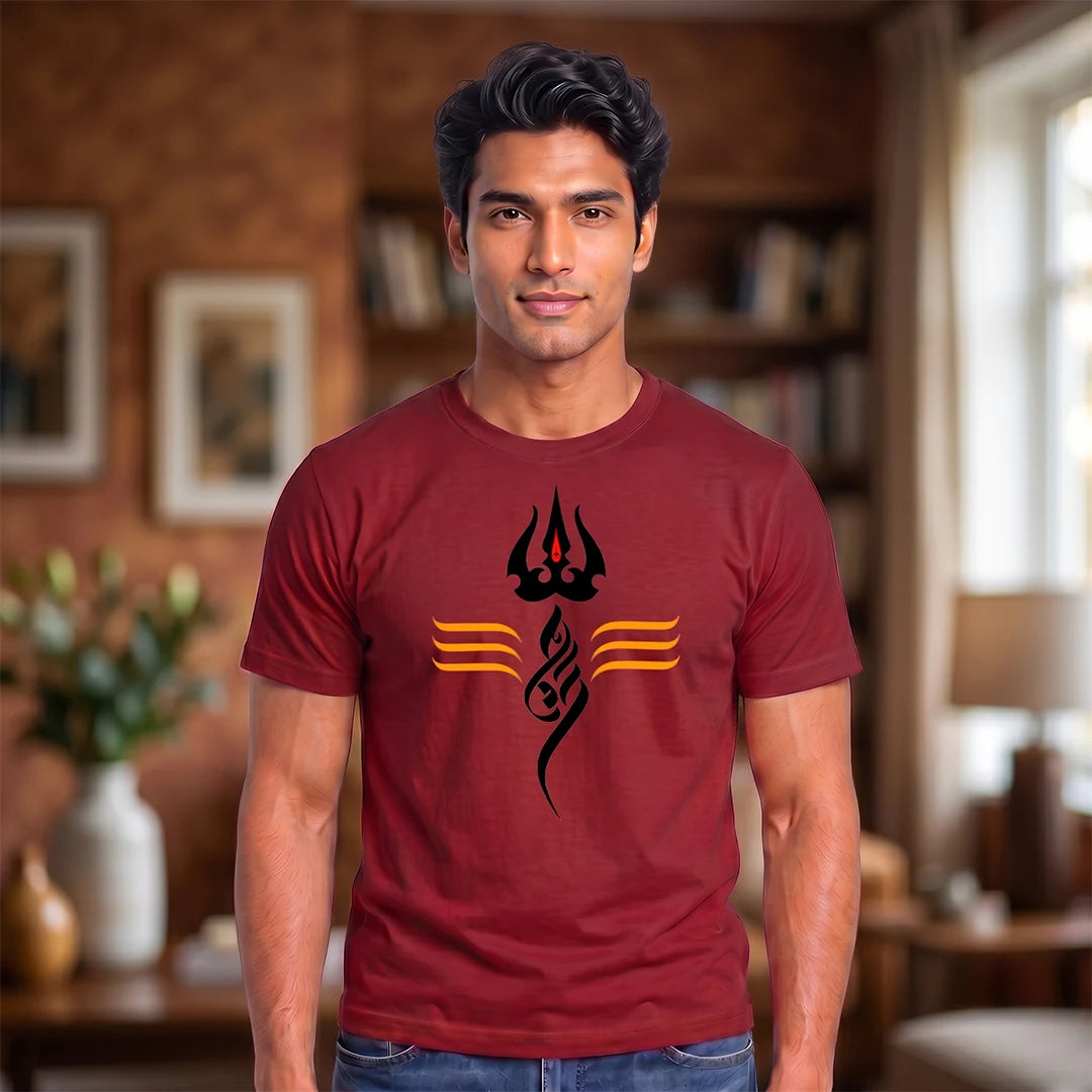 Men's Pure Cotton Regular Fit Mahadev Trishul Tilak Printed T-Shirt | 180 GSM Bio-Washed Spiritual Graphic Tee