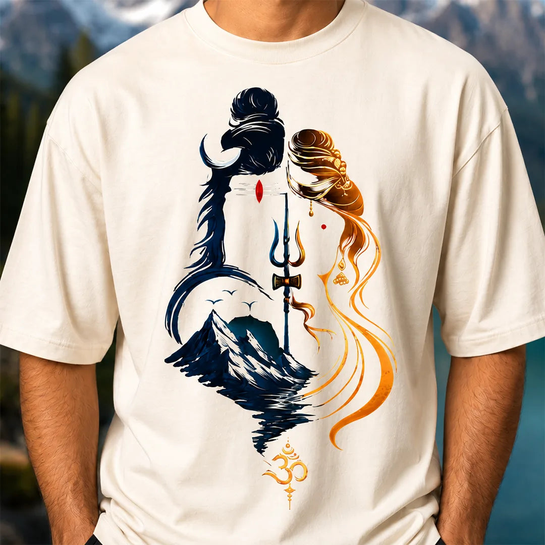 Men's Divine Ardhanareshvara Oversized Graphic T-Shirt - 240 GSM Pure Cotton, Bio-Washed