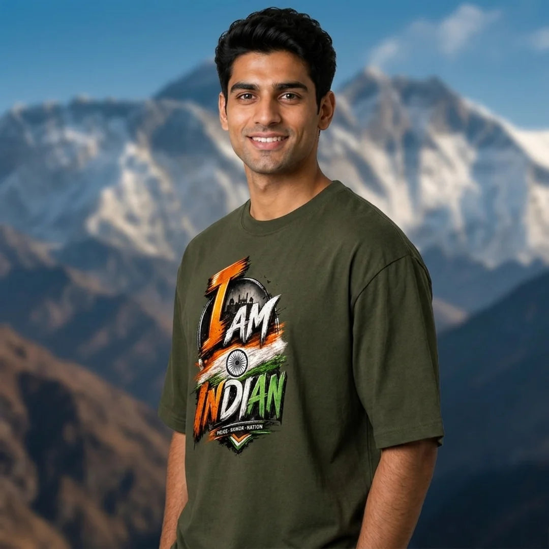 Men's "I Am Indian" Pride Oversized Graphic T-Shirt - 240 GSM Pure Cotton, Bio-Washed